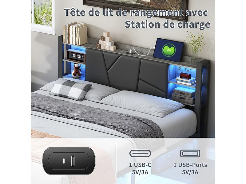 Lit Double Adulte 160x200 avec Rangement, Tiroirs et Bandes LED RGB - Contrôle APP - Tête de Lit en PU Confortable - Structure Moderne en Fer et Bois - Noir/Gris