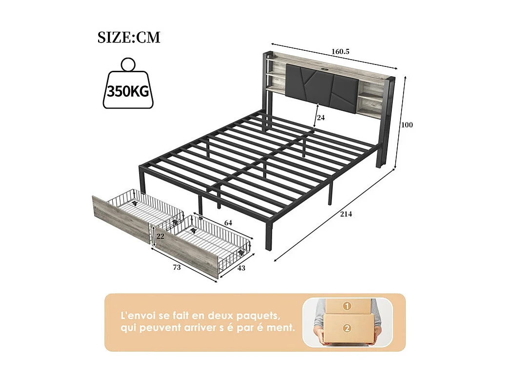 Lit Double Adulte 160x200 avec Rangement, Tiroirs et Bandes LED RGB - Contrôle APP - Tête de Lit en PU Confortable - Structure Moderne en Fer et Bois - Noir/Gris