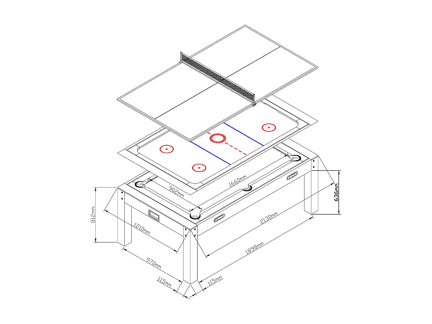 Table transformable 4 en 1 - Billard & Ping-pong & Air hockey - Noir - 213 x 121 x 81.2 cm - GRAYSON