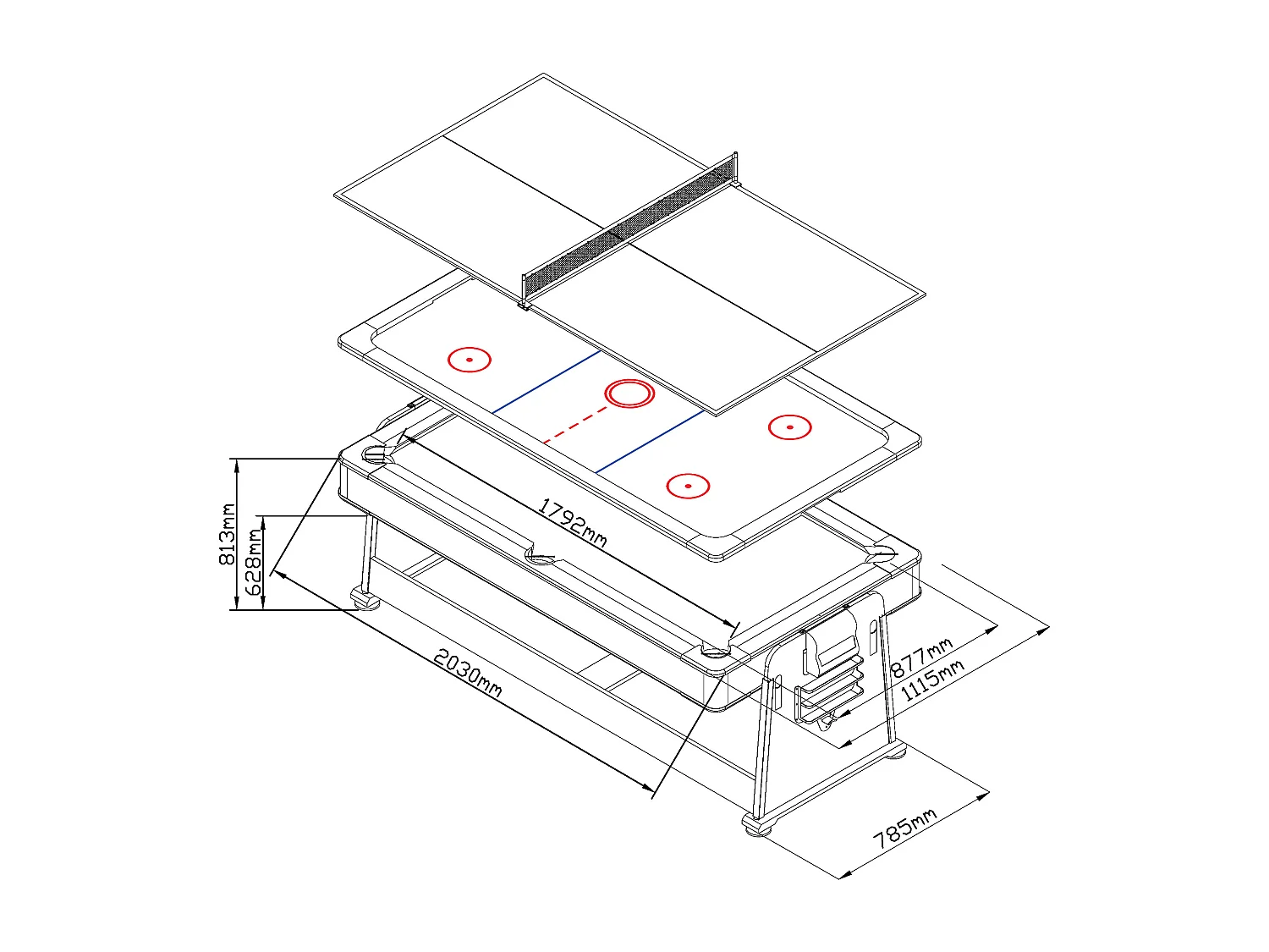 Table de jeux transformable pivotante 4 en 1 - L203 x P111,5 x H81,3 cm - Noir mat - SEBASTIAN