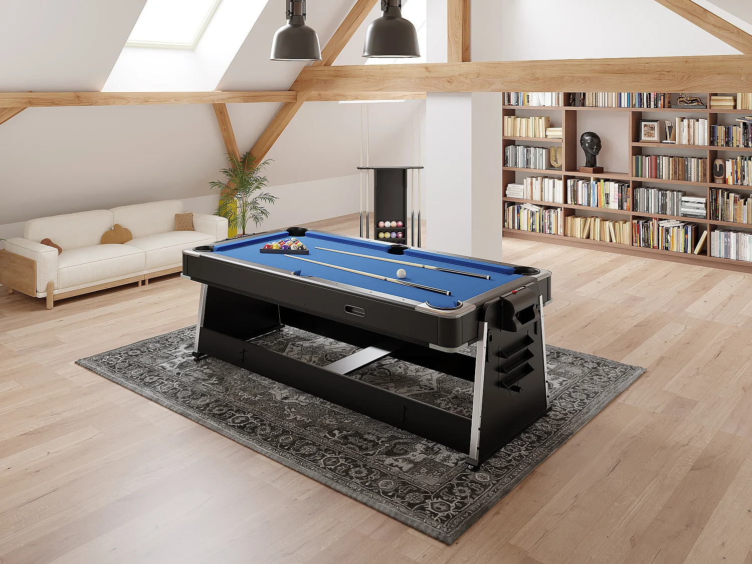 Table de jeux transformable pivotante 4 en 1 - L203 x P111,5 x H81,3 cm - Noir mat - SEBASTIAN