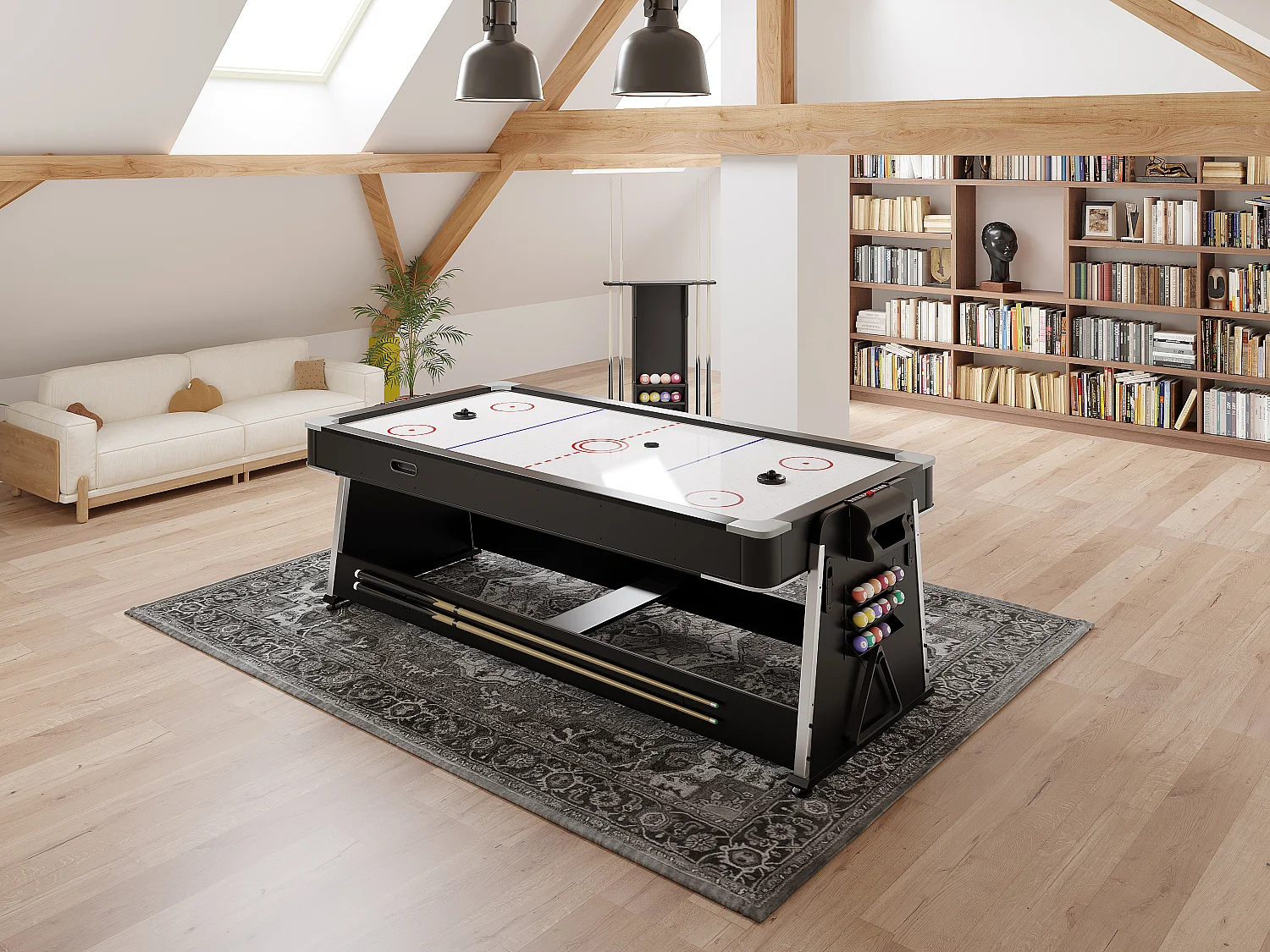 Table de jeux transformable pivotante 4 en 1 - L203 x P111,5 x H81,3 cm - Noir mat - SEBASTIAN