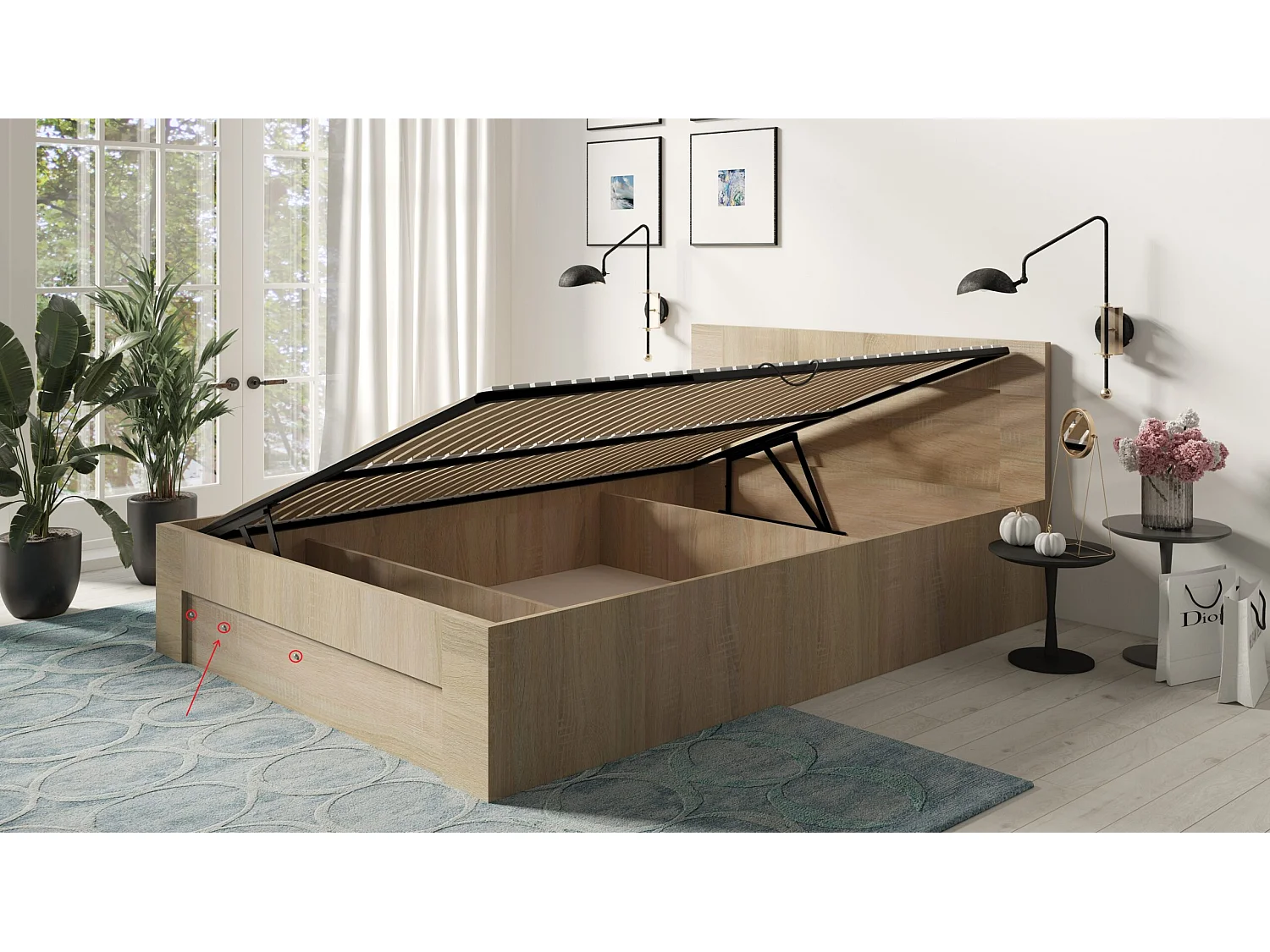 Lit 140 cm x 200 cm avec ouverture latérale | AULNE | Coffre + Sommier