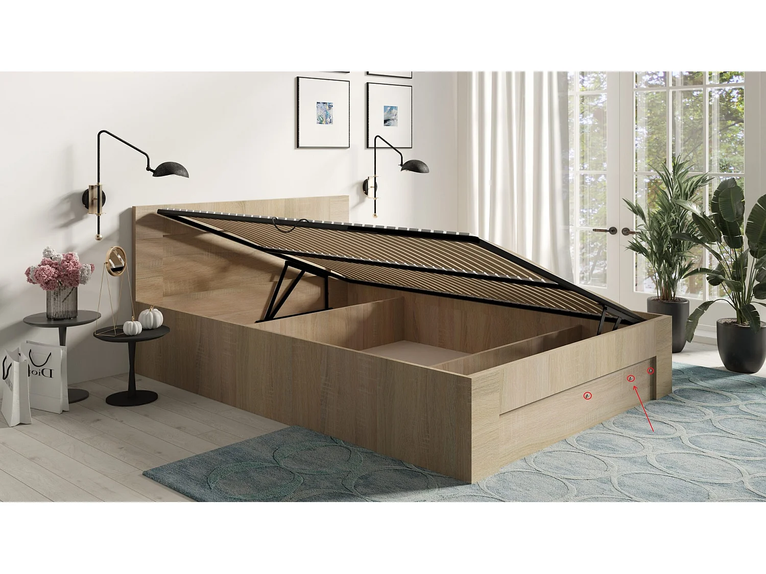 Lit 140 cm x 200 cm avec ouverture latérale | AULNE | Coffre + Sommier