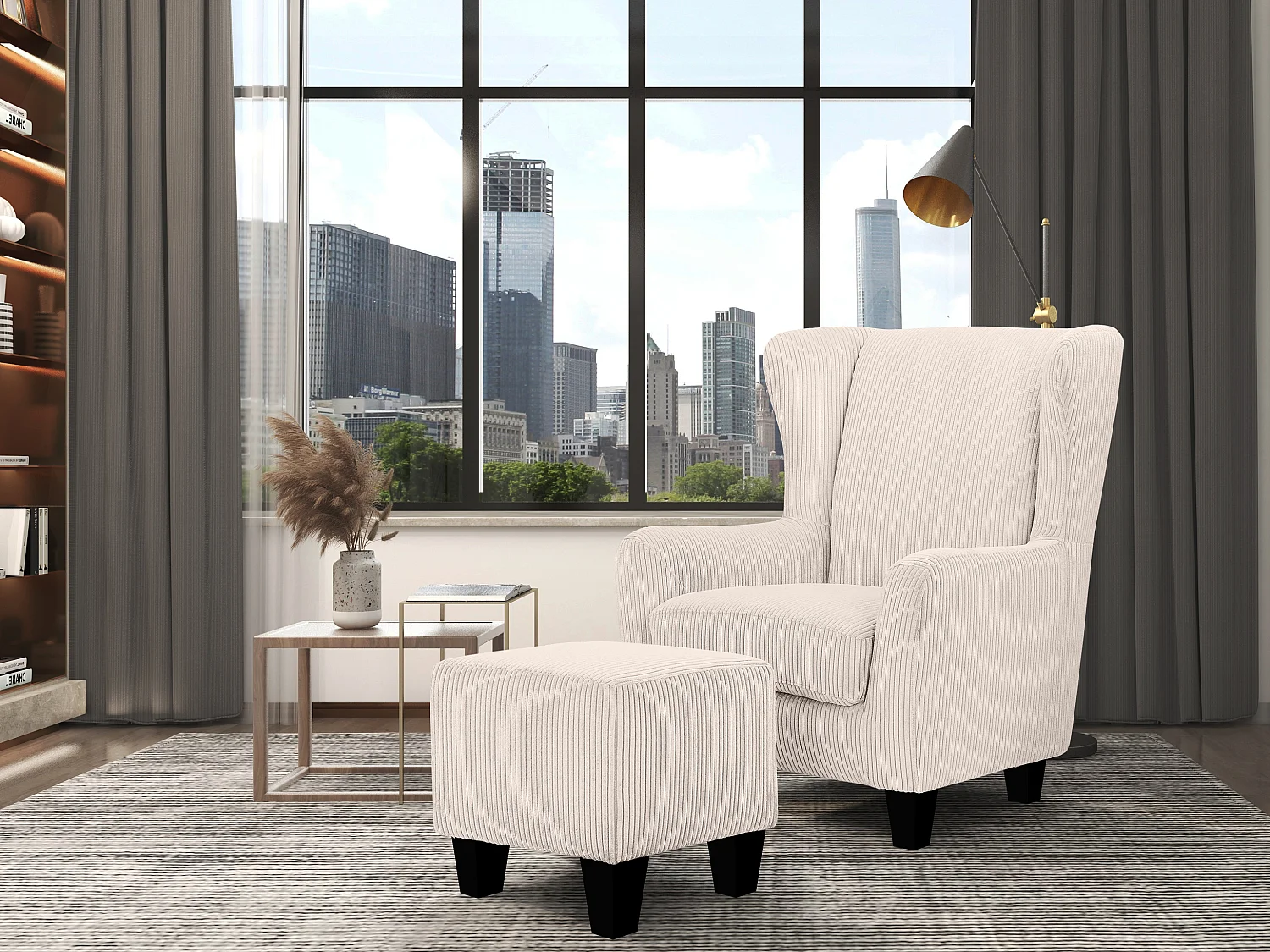 Zhili | Fauteuil avec tabouret en tissu crème