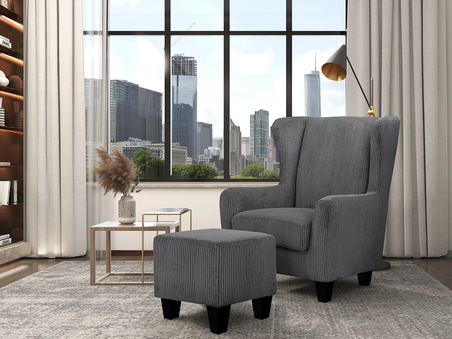 Zhili | Fauteuil avec tabouret en tissu anthracite