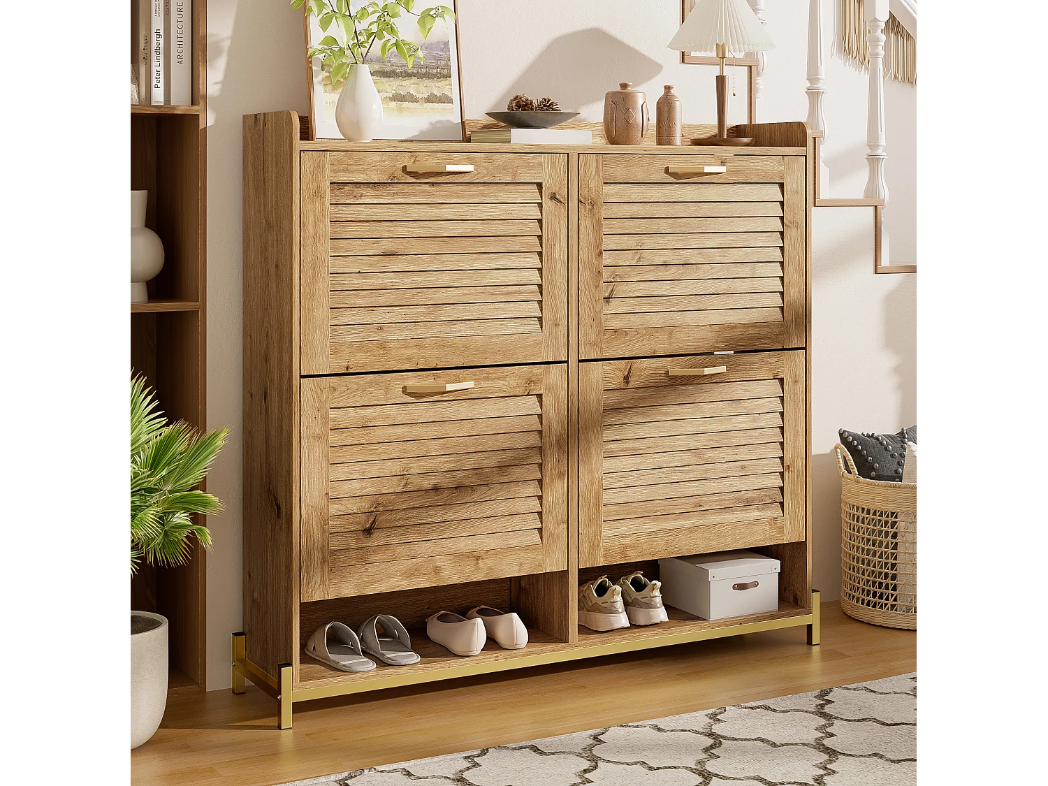 Meuble à chaussures avec 4 portes à lattes en bois - 108.5 x 24 x 100 cm - structure métallique et étagère - MDF - bois