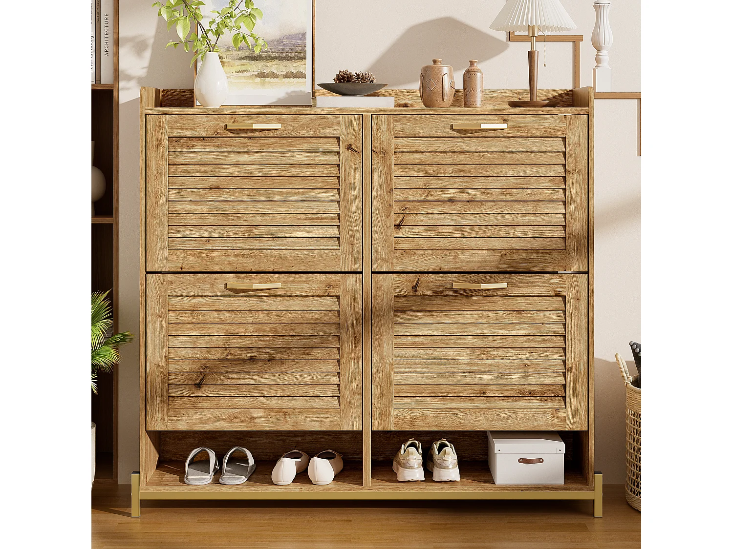 Meuble à chaussures avec 4 portes à lattes en bois - 108.5 x 24 x 100 cm - structure métallique et étagère - MDF - bois