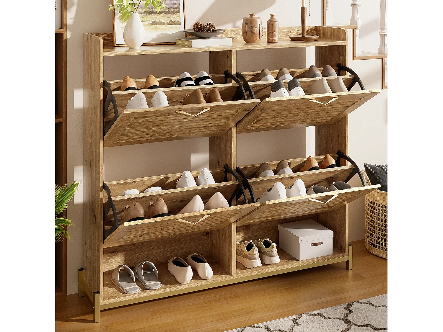 Meuble à chaussures avec 4 portes à lattes en bois - 108.5 x 24 x 100 cm - structure métallique et étagère - MDF - bois