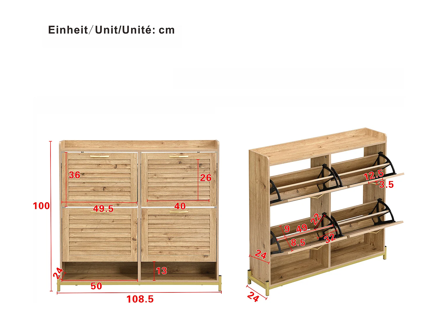 Meuble à chaussures avec 4 portes à lattes en bois - 108.5 x 24 x 100 cm - structure métallique et étagère - MDF - bois