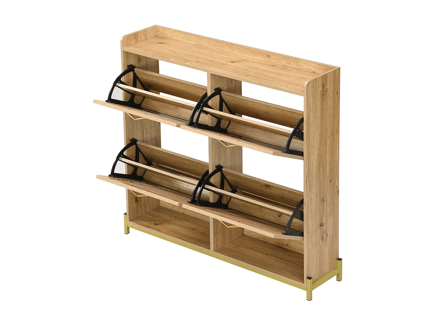 Meuble à chaussures avec 4 portes à lattes en bois - 108.5 x 24 x 100 cm - structure métallique et étagère - MDF - bois