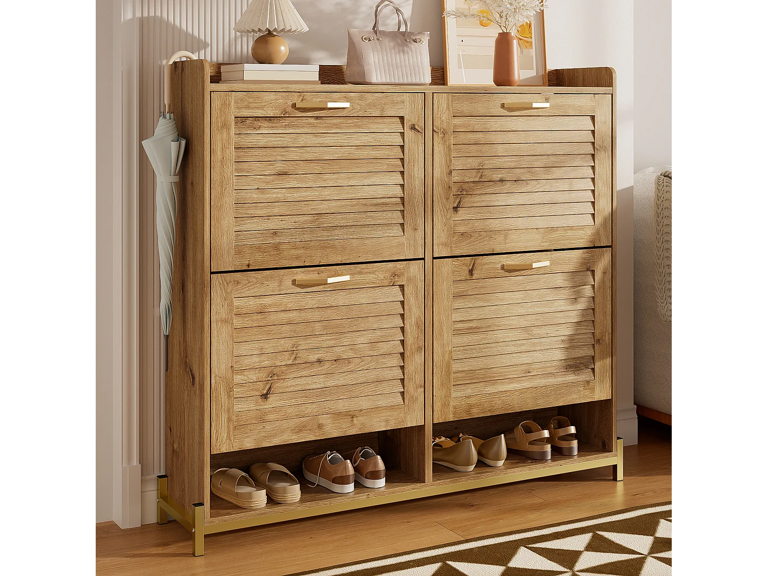 Meuble à chaussures avec 4 portes à lattes en bois - 108.5 x 24 x 100 cm - structure métallique et étagère - MDF - bois