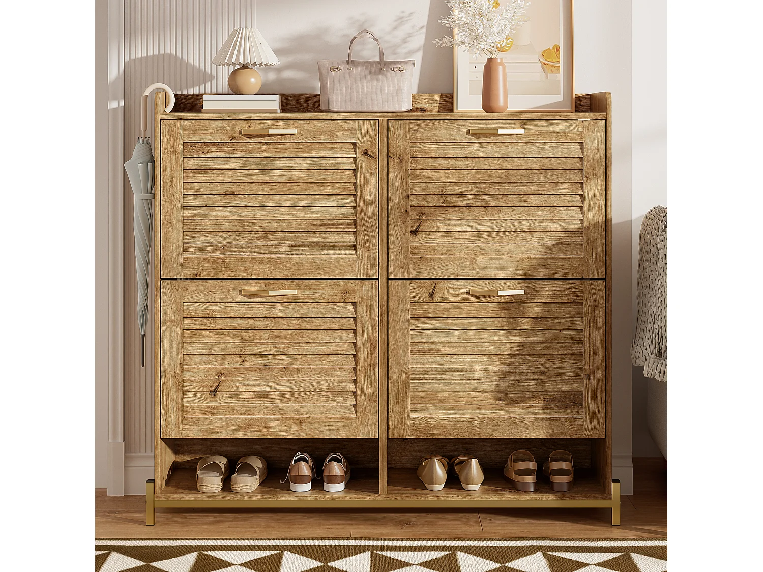 Meuble à chaussures avec 4 portes à lattes en bois - 108.5 x 24 x 100 cm - structure métallique et étagère - MDF - bois