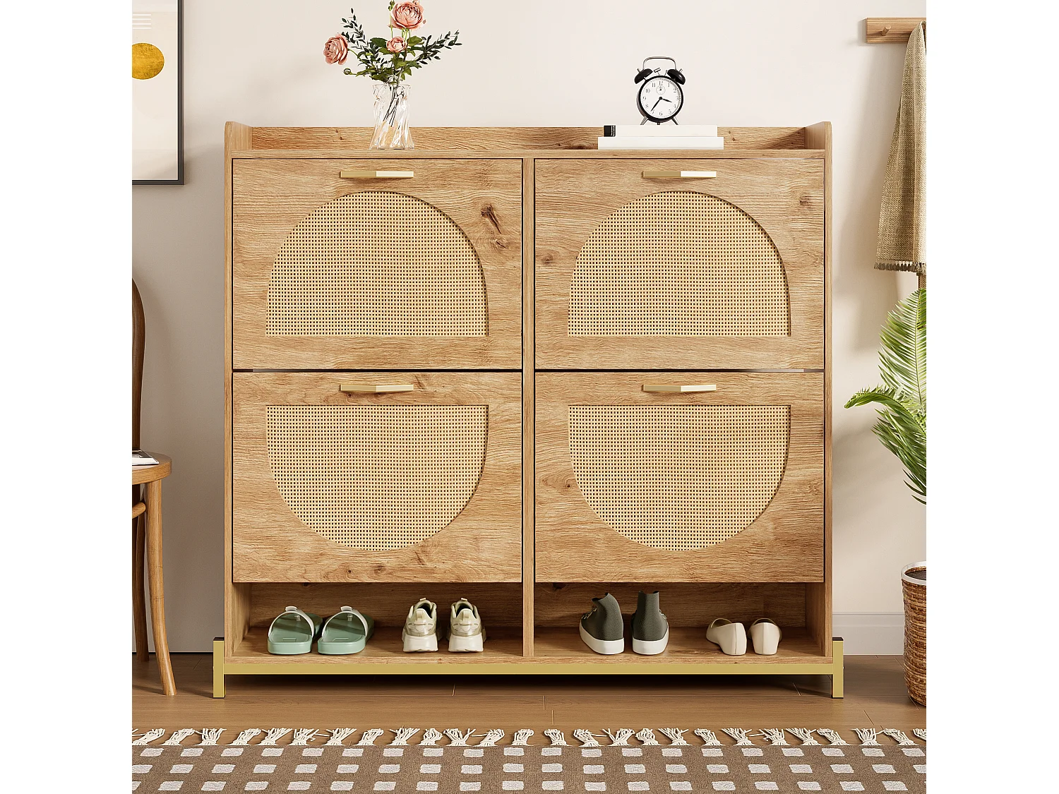 Meuble à chaussures en bois avec 4 portes en rotin - 108.5 x 24 x 100 cm - étagère pour un rangement - MDF - naturel