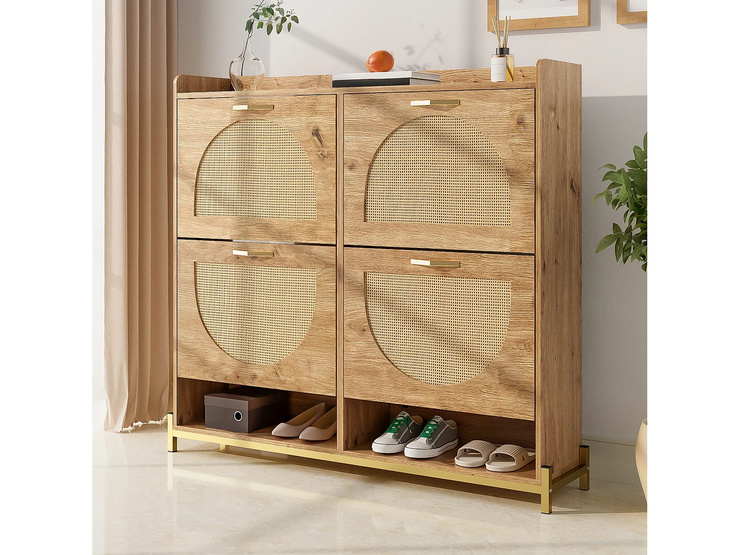 Scarpiera in legno con 4 ante in rattan - 108,5 x 24 x 100 cm - ripiano portaoggetti - MDF - naturale