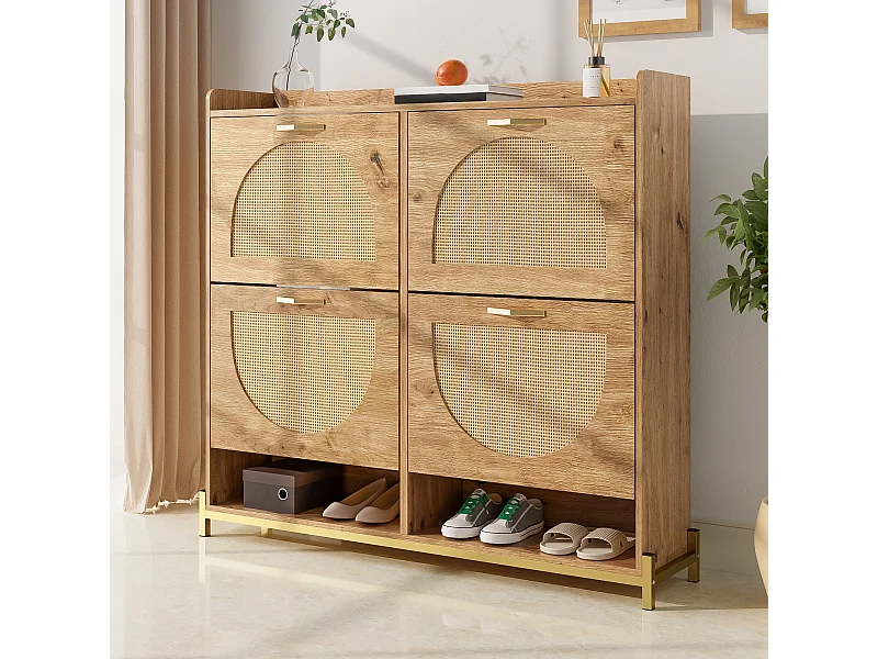 Drewniana szafka na buty z 4 drzwiami rattanowymi - 108,5 x 24 x 100 cm - półka do przechowywania - MDF - naturalna