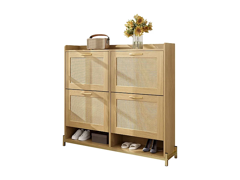 Meuble à chaussures en bois avec 4 portes en rotin - 108.5 x 24 x 100 cm - structure en métal - MDF - naturel