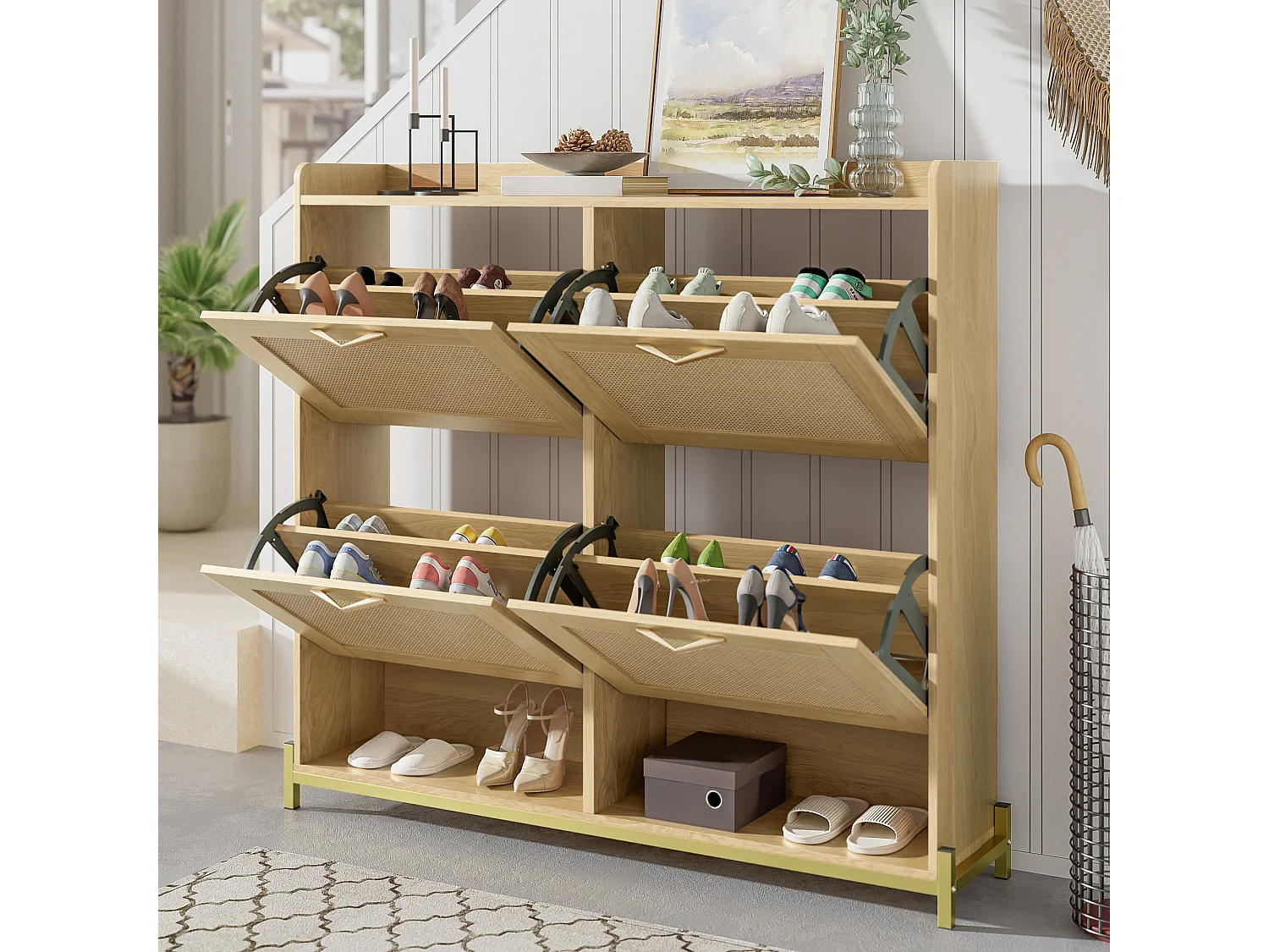 Meuble à chaussures en bois avec 4 portes en rotin - 108.5 x 24 x 100 cm - structure en métal - MDF - naturel