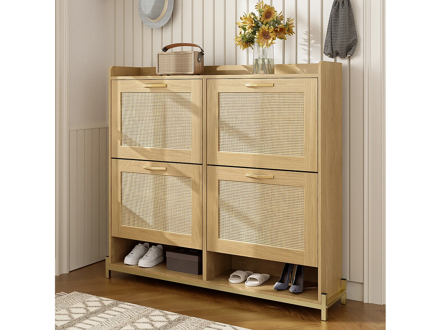 Meuble à chaussures en bois avec 4 portes en rotin - 108.5 x 24 x 100 cm - structure en métal - MDF - naturel