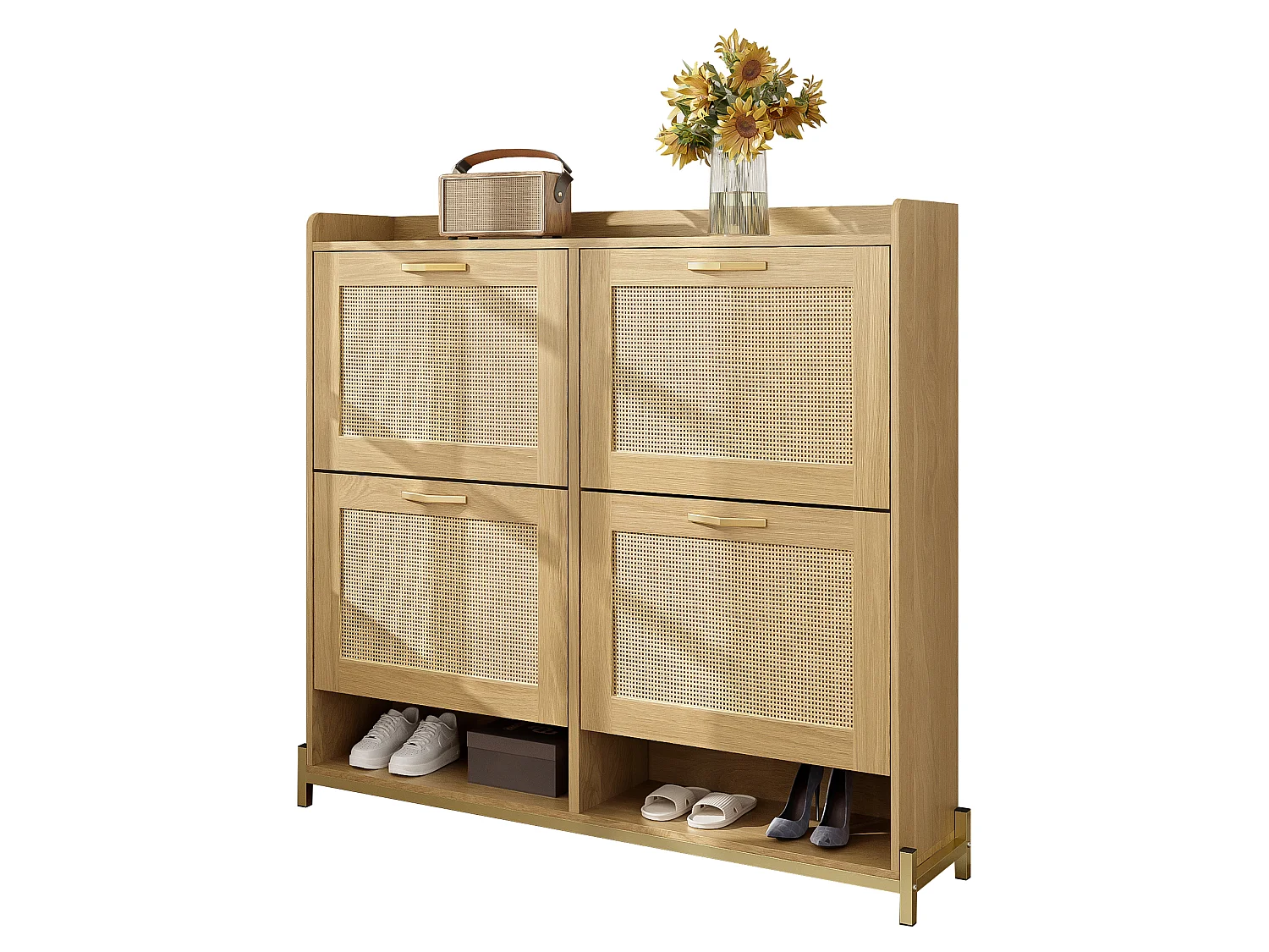 Schuhschrank aus Holz mit 4 Rattantüren – 108,5 x 24 x 100 cm – Metallrahmen – MDF – natur