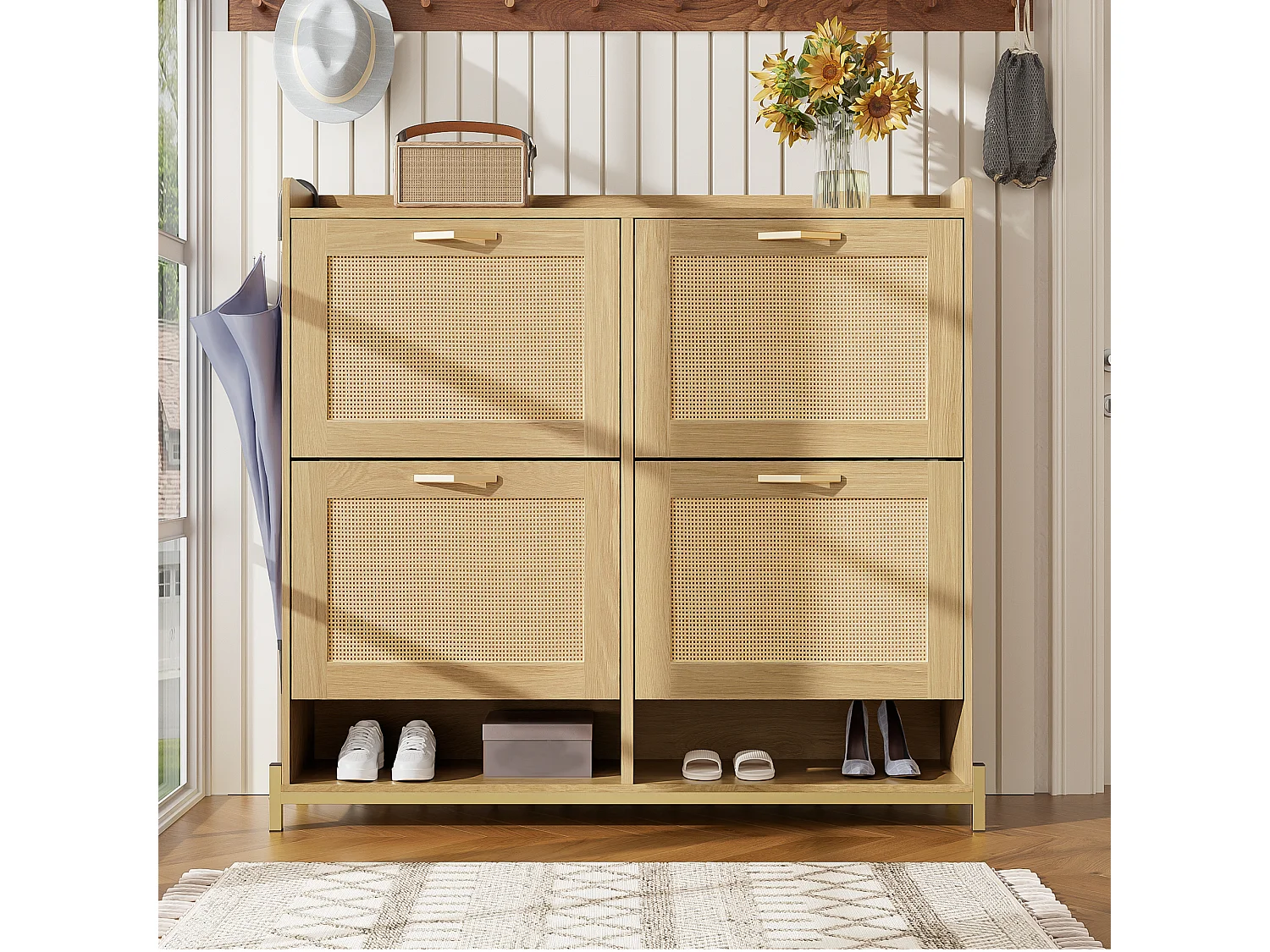 Schuhschrank aus Holz mit 4 Rattantüren – 108,5 x 24 x 100 cm – Metallrahmen – MDF – natur