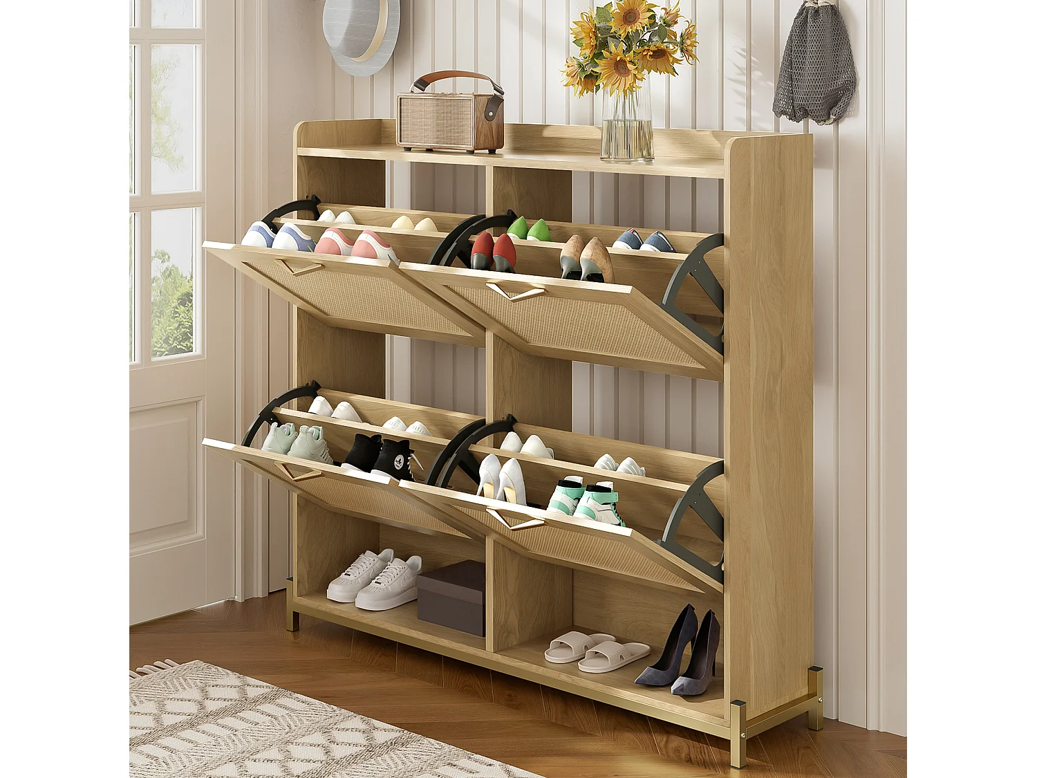 Schuhschrank aus Holz mit 4 Rattantüren – 108,5 x 24 x 100 cm – Metallrahmen – MDF – natur