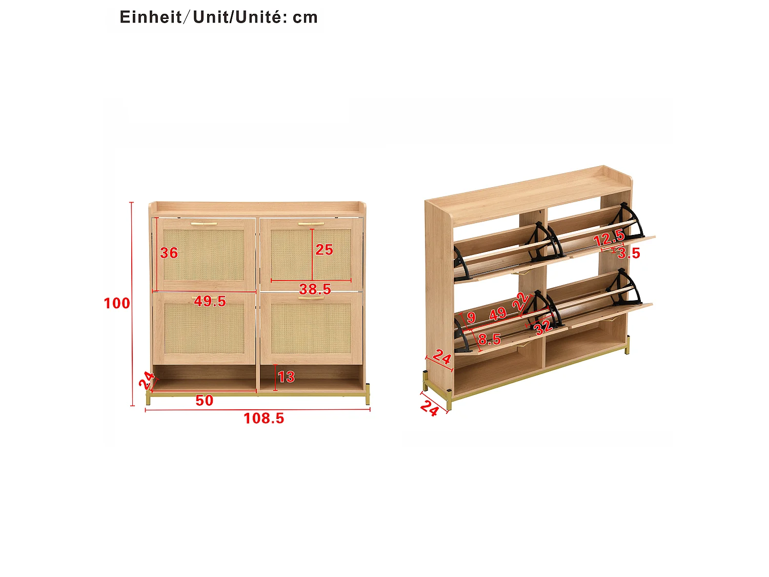 Schuhschrank aus Holz mit 4 Rattantüren – 108,5 x 24 x 100 cm – Metallrahmen – MDF – natur
