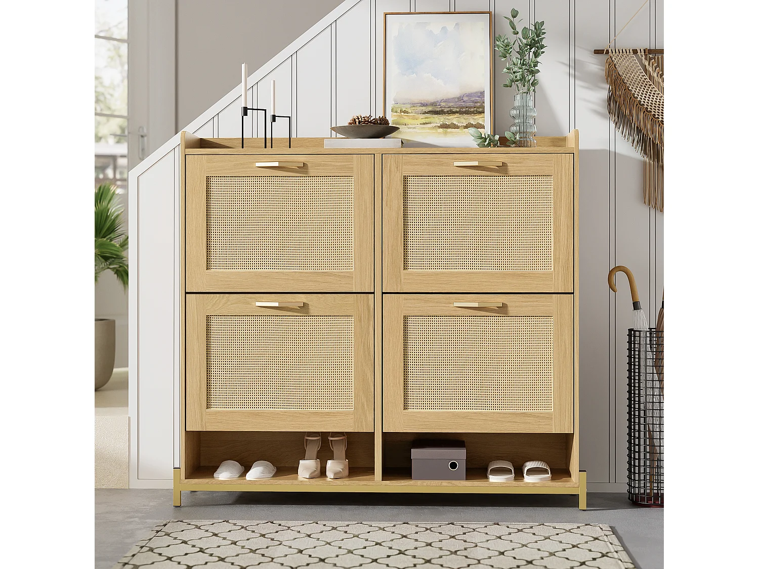 Schuhschrank aus Holz mit 4 Rattantüren – 108,5 x 24 x 100 cm – Metallrahmen – MDF – natur