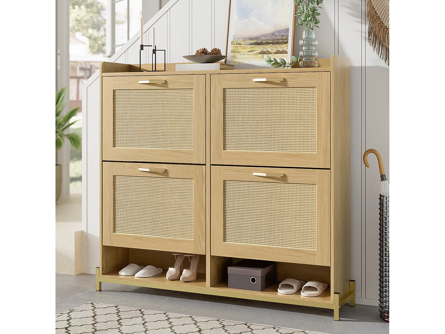 Schuhschrank aus Holz mit 4 Rattantüren – 108,5 x 24 x 100 cm – Metallrahmen – MDF – natur