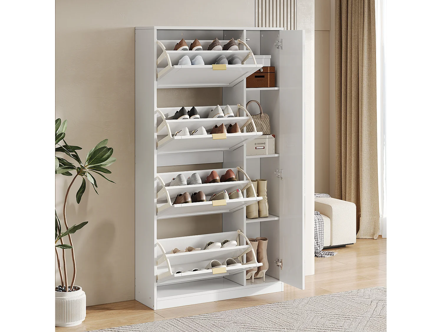 Meuble à chaussures moderne avec 4 tiroirs abattants - 80 x 24 x 147 cm - Panneau de particules - Blanc