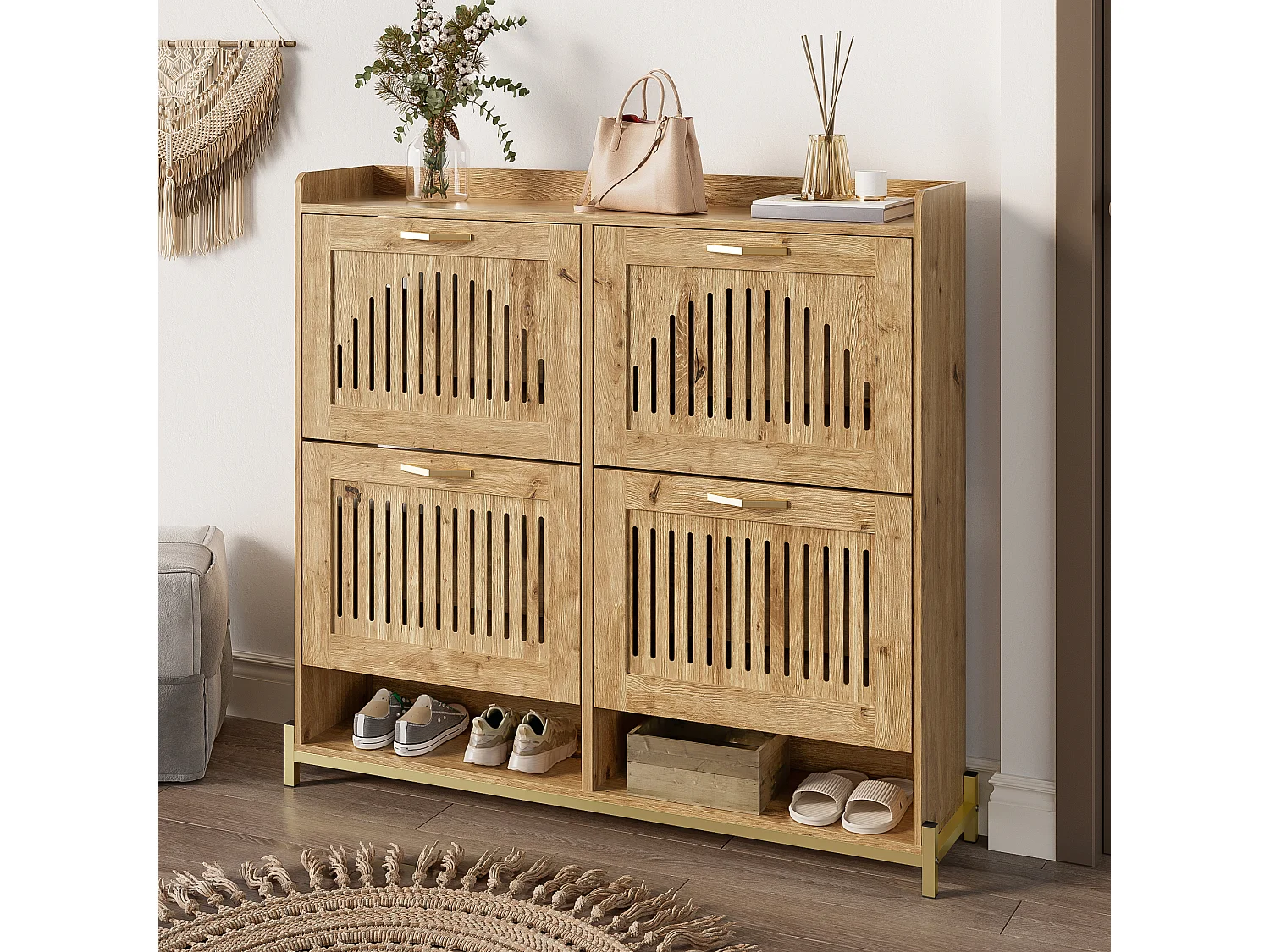 Meuble à chaussures moderne avec portes verticales ajourées - 108.5 x 24 x 100 cm - structure métallique et étagère - MDF - bois