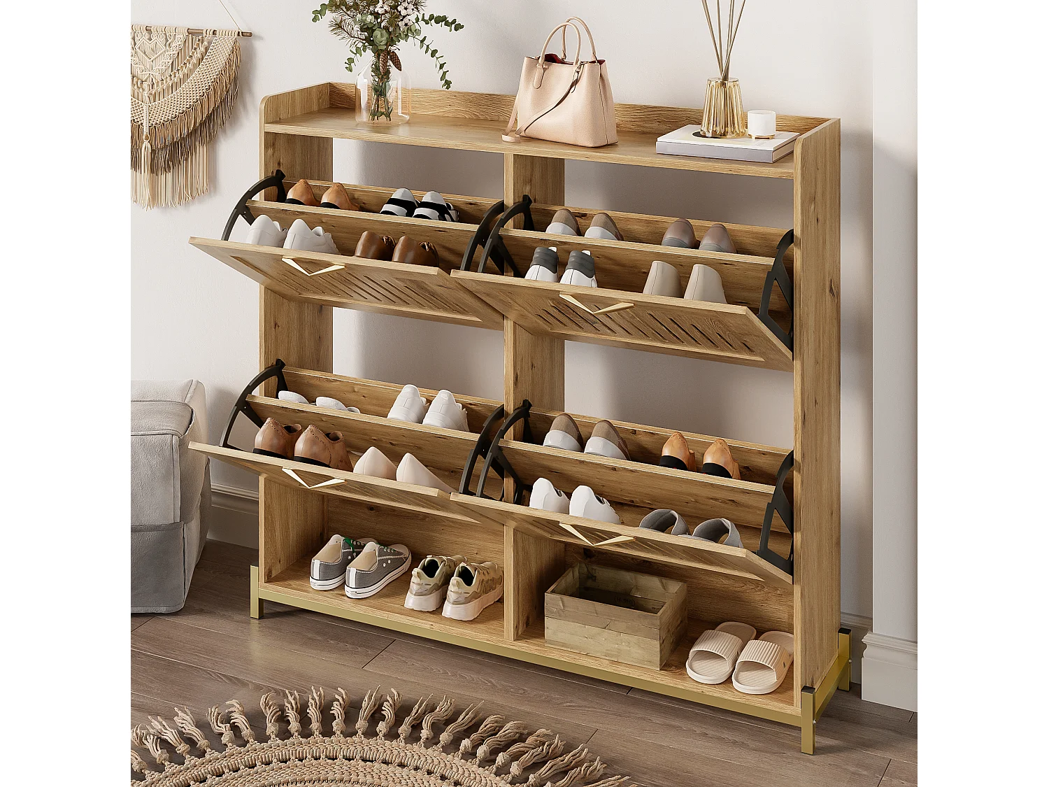 Meuble à chaussures moderne avec portes verticales ajourées - 108.5 x 24 x 100 cm - structure métallique et étagère - MDF - bois