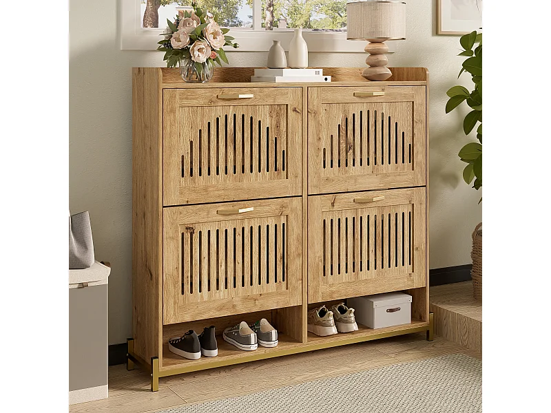 Zapatero moderno con puertas de listones verticales - 108,5 x 24 x 100 cm - estructura y estante metálicos - MDF - madera