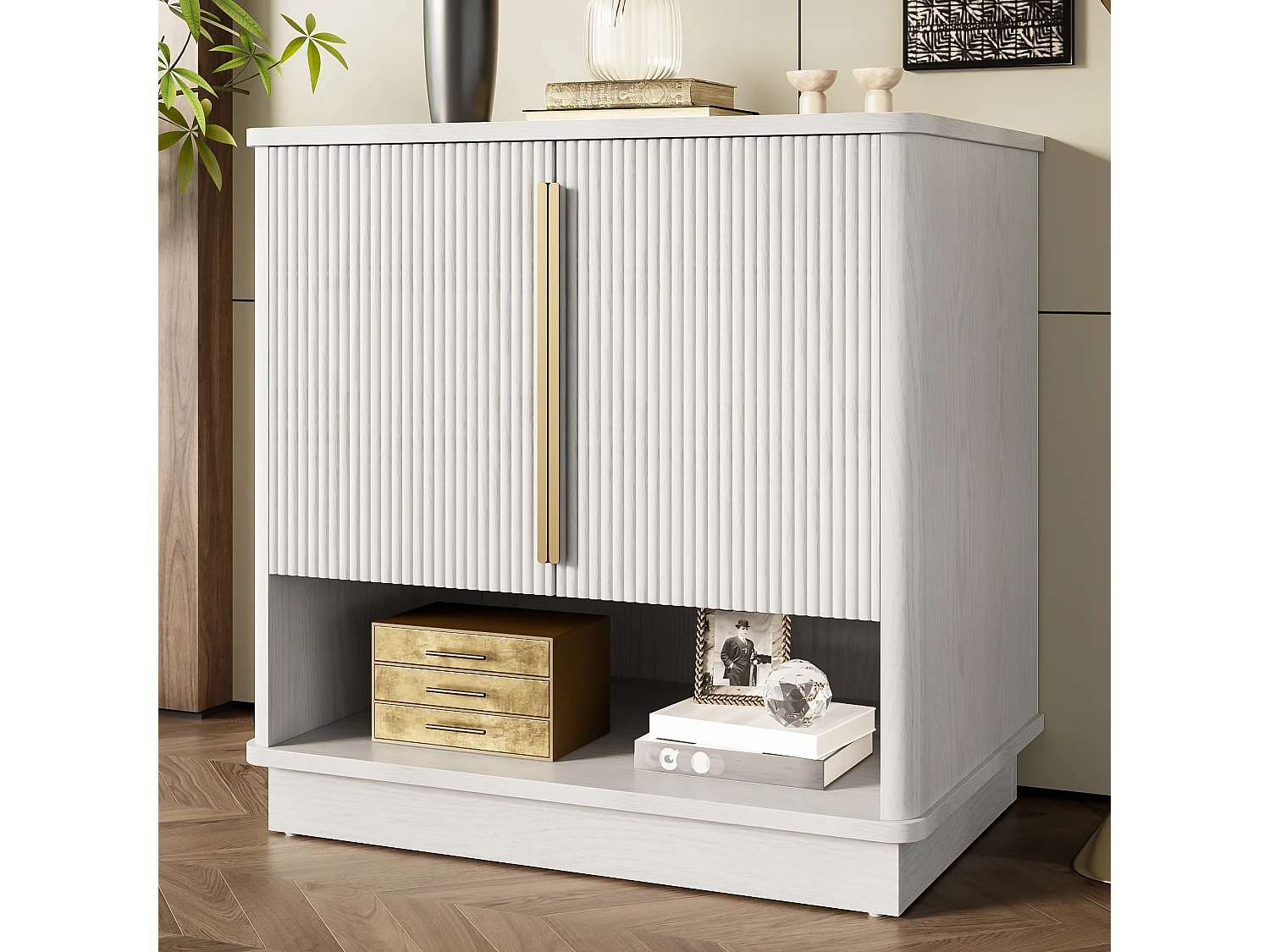 Meuble à chaussures moderne à 2 portes et compartiment ouvert - 60 x 40 x 61 cm - poignées dorées - MDF - blanc