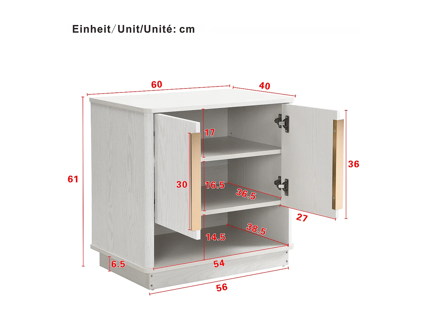 Meuble à chaussures moderne à 2 portes et compartiment ouvert - 60 x 40 x 61 cm - poignées dorées - MDF - blanc