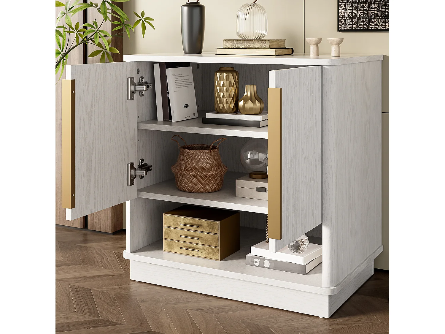 Scarpiera moderna con 2 ante e vano a giorno - 60 x 40 x 61 cm - maniglie dorate - MDF - bianco