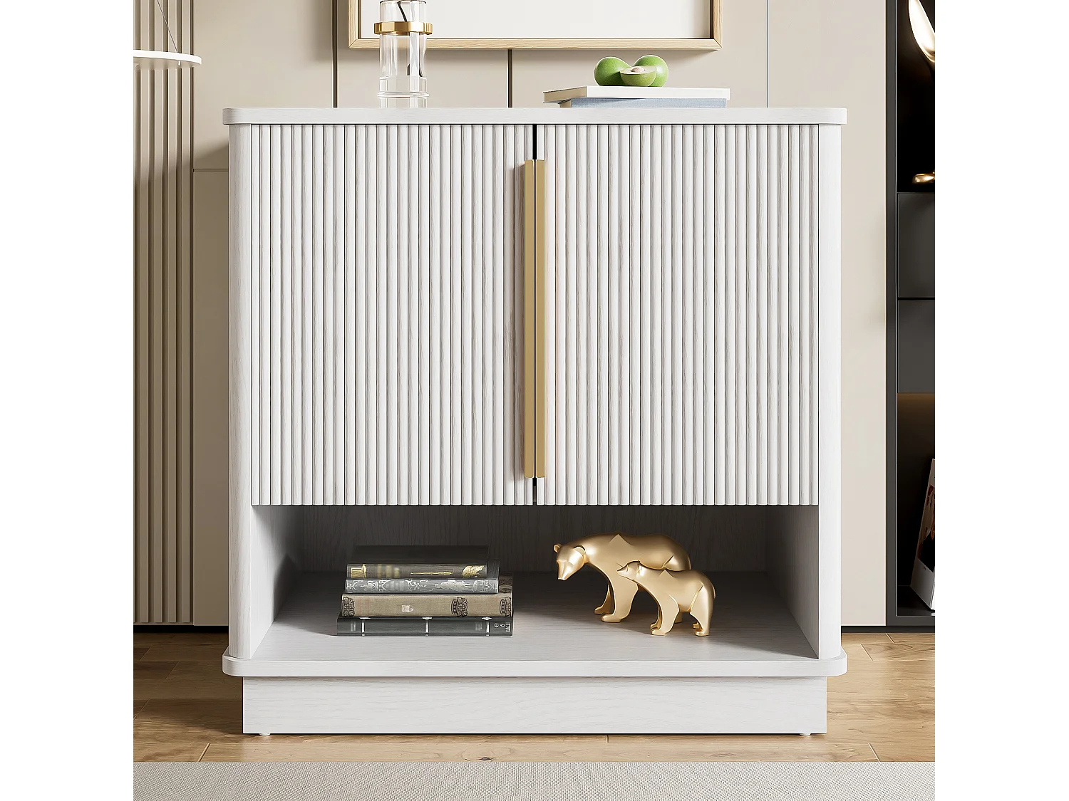 Scarpiera moderna con 2 ante e vano a giorno - 60 x 40 x 61 cm - maniglie dorate - MDF - bianco