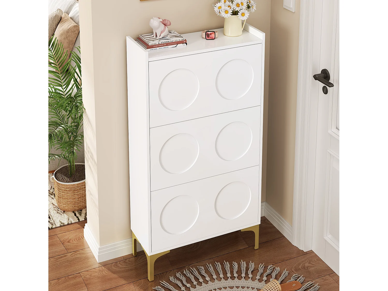 Meuble à chaussures moderne - 63 x 24 x 120 cm - avec 3 portes + pieds en métal - MDF - blanc