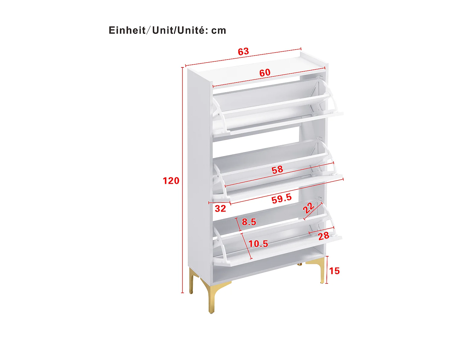 Meuble à chaussures moderne - 63 x 24 x 120 cm - avec 3 portes + pieds en métal - MDF - blanc