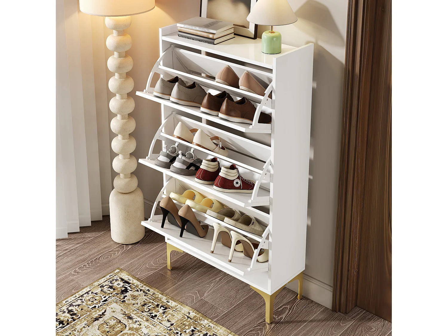 Moderner Schuhschrank – 63 x 24 x 120 cm – mit 3 Türen und Metallbeinen – MDF – weiß