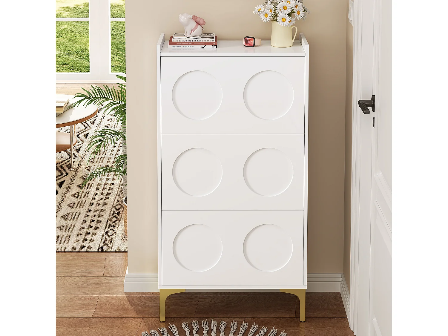 Scarpiera moderna - 63 x 24 x 120 cm - con 3 ante + gambe in metallo - MDF - bianco