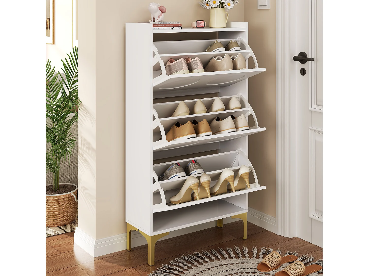 Scarpiera moderna - 63 x 24 x 120 cm - con 3 ante + gambe in metallo - MDF - bianco