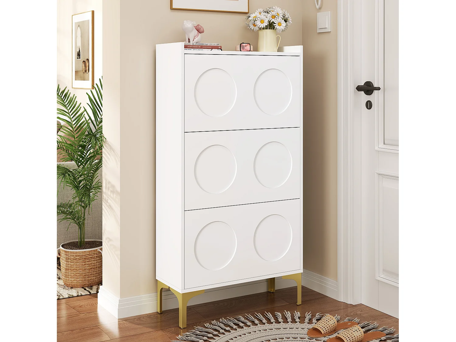 Scarpiera moderna - 63 x 24 x 120 cm - con 3 ante + gambe in metallo - MDF - bianco