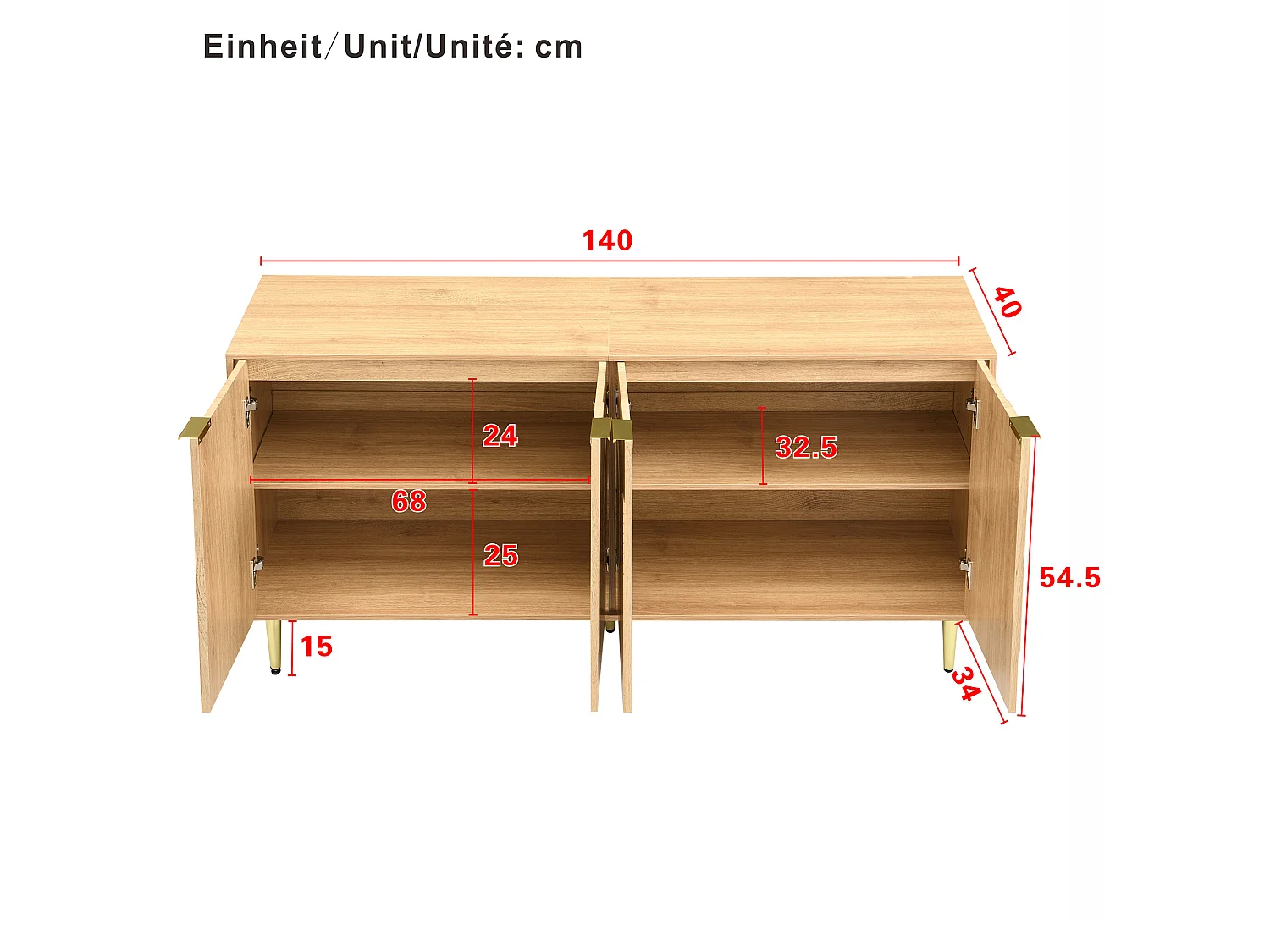 Credenza moderna e semplice - 140 x 40 x 72 cm - mobile contenitore per soggiorno - MDF - naturale
