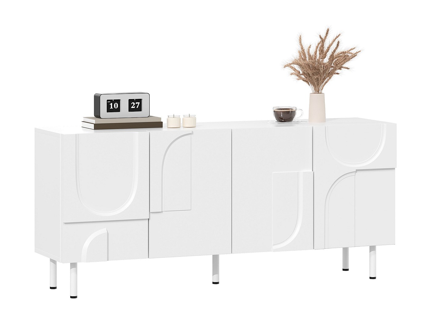 Buffet moderne design géométrique - 160 x 38.5 x 70 cm - avec courbes irrégulières + 4 portes - MDF + aggloméré - blanc