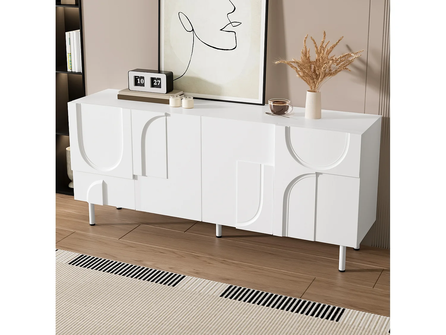 Credenza moderna dal design geometrico - 160 x 38,5 x 70 cm - con curve irregolari + 4 ante - MDF + truciolare - bianco
