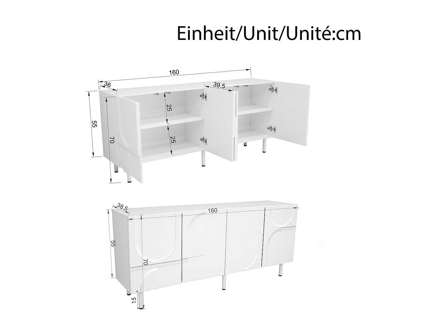 Credenza moderna dal design geometrico - 160 x 38,5 x 70 cm - con curve irregolari + 4 ante - MDF + truciolare - bianco