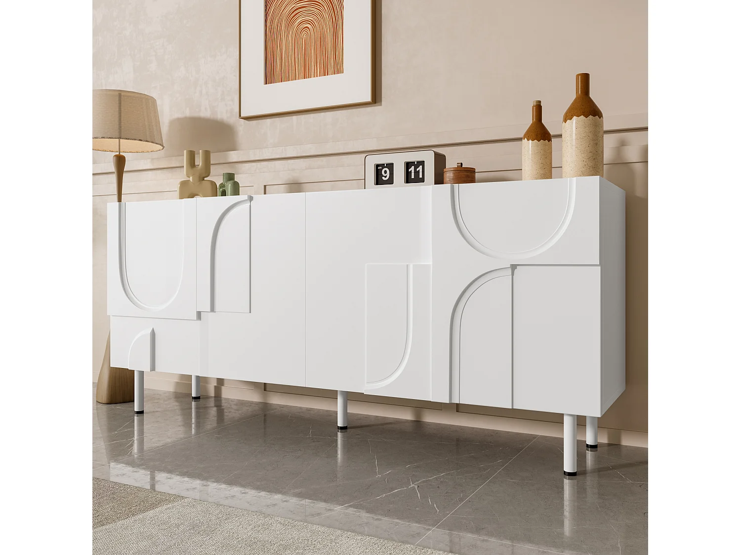 Credenza moderna dal design geometrico - 160 x 38,5 x 70 cm - con curve irregolari + 4 ante - MDF + truciolare - bianco