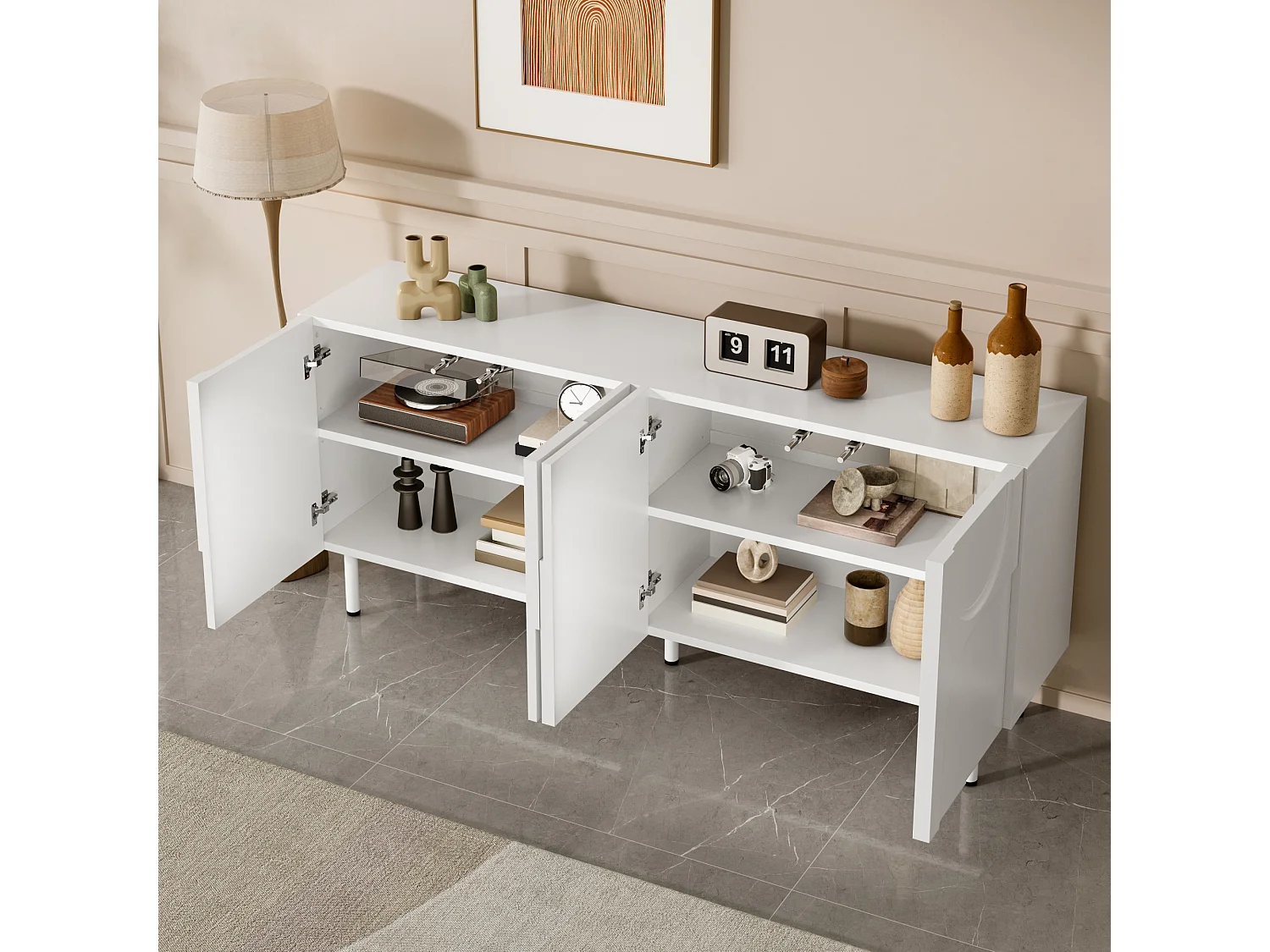 Credenza moderna dal design geometrico - 160 x 38,5 x 70 cm - con curve irregolari + 4 ante - MDF + truciolare - bianco