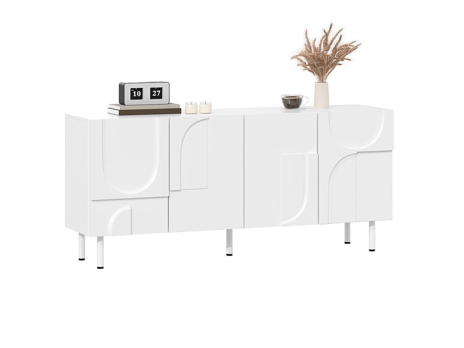 Buffet moderne design géométrique - 160 x 38.5 x 70 cm - avec courbes irrégulières + 4 portes - MDF + aggloméré - blanc